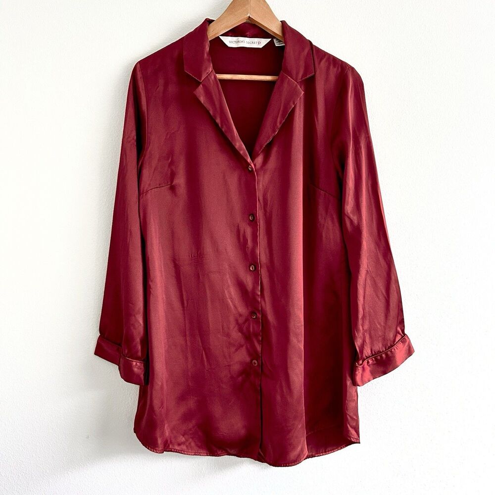 Vintage 90s Victoria Secret Size S Satin Sleep Shirt Burgundy Red Button Up